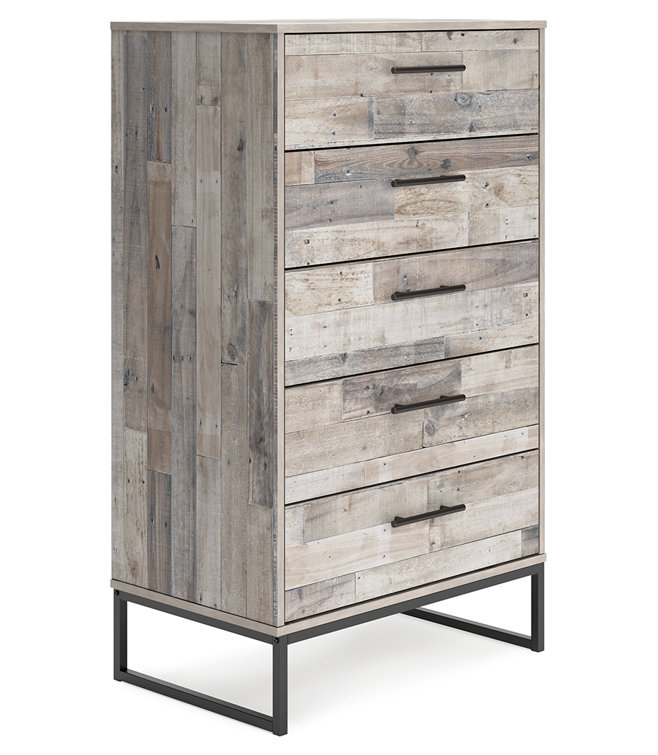 Transitional Whitewash Pine 5-Drawer Chest with Pewter-Tone Pulls