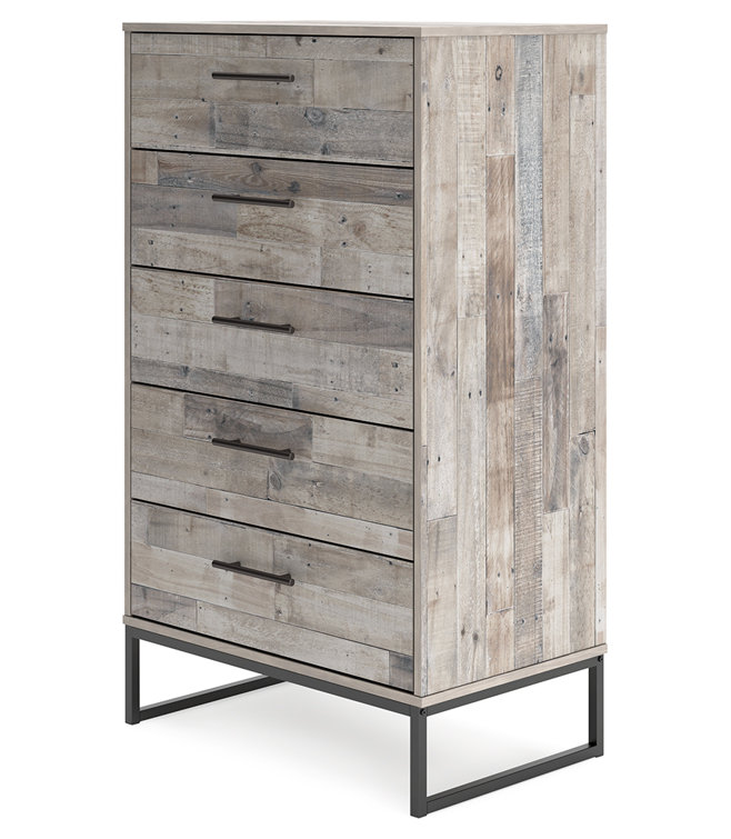 Transitional Whitewash Pine 5-Drawer Chest with Pewter-Tone Pulls