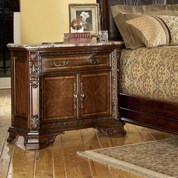 Old World Pomegranate Brown Marble Top Nightstand with Hidden Storage