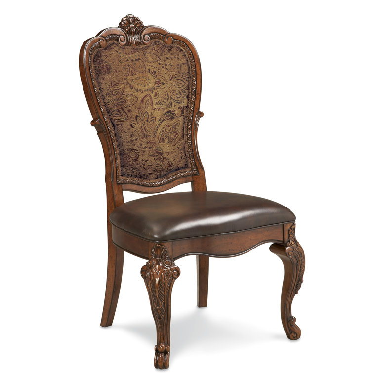 Traditional Brown Leather and Wood Upholstered Side Chair
