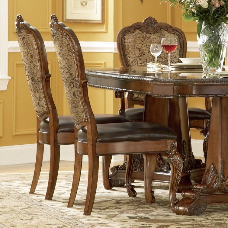 Traditional Brown Leather and Wood Upholstered Side Chair