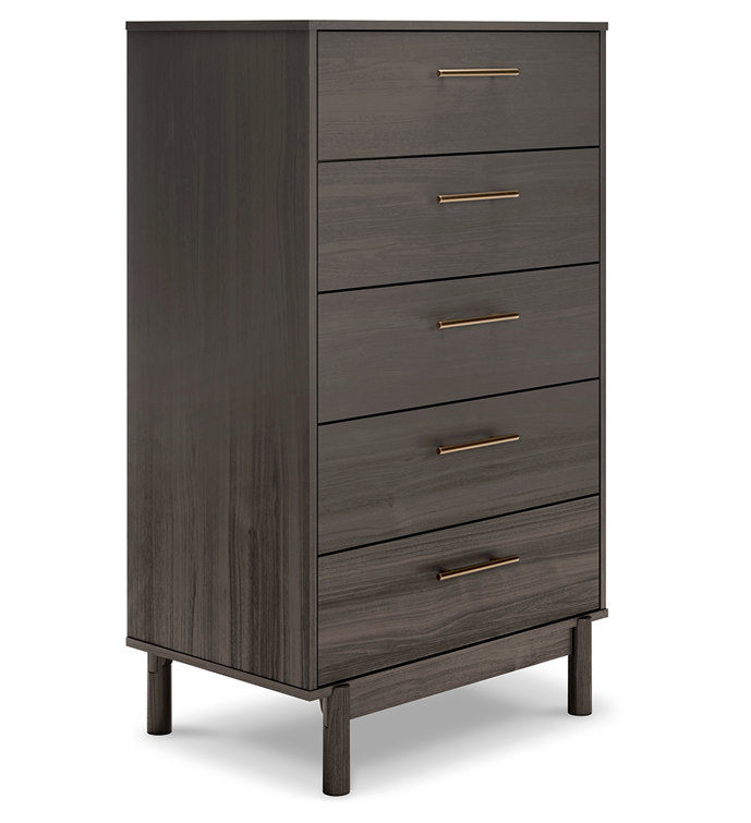 Gray 5-Drawer Mid-Century Modern Chest with Gold Handles