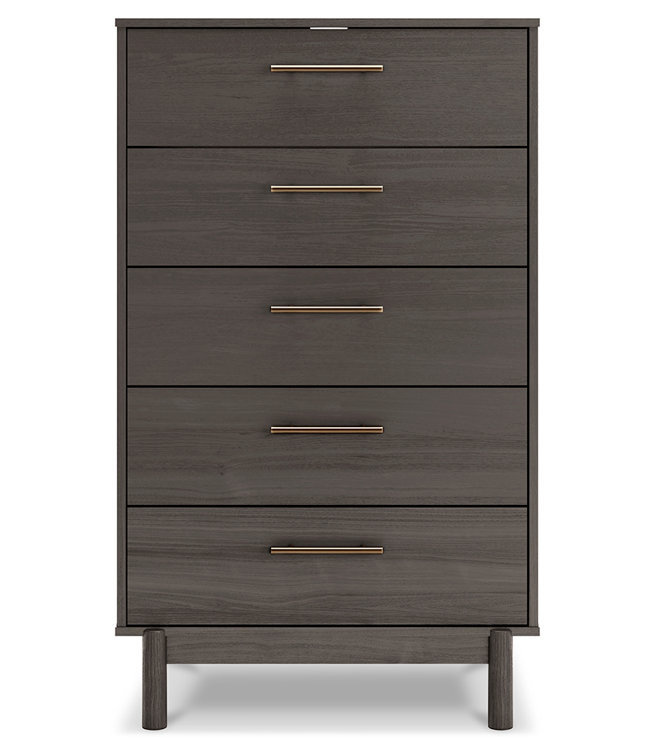 Gray 5-Drawer Mid-Century Modern Chest with Gold Handles