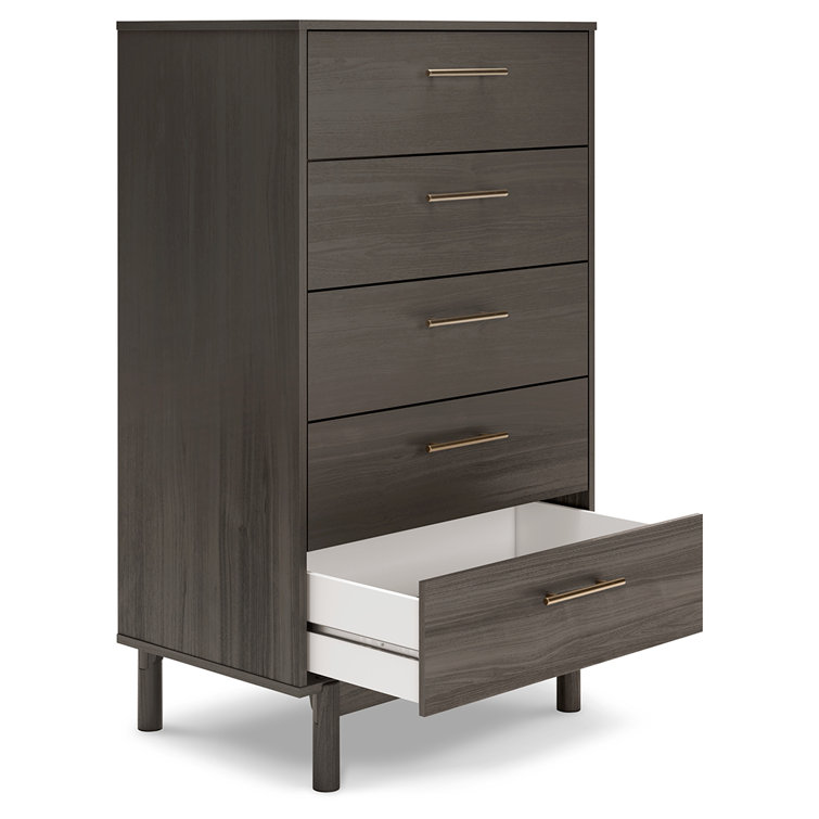 Gray 5-Drawer Mid-Century Modern Chest with Gold Handles