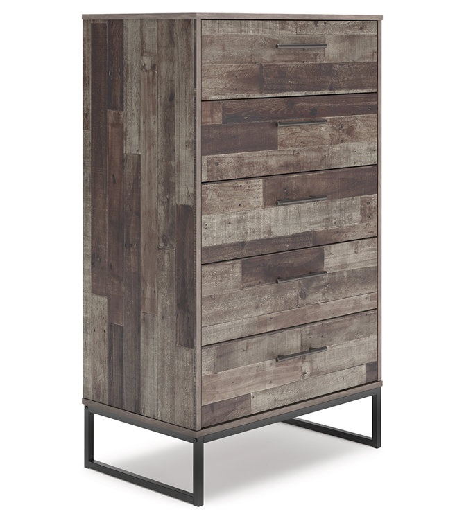 Transitional Neilsville 5-Drawer Chest in Beige/Black with Rustic Finish