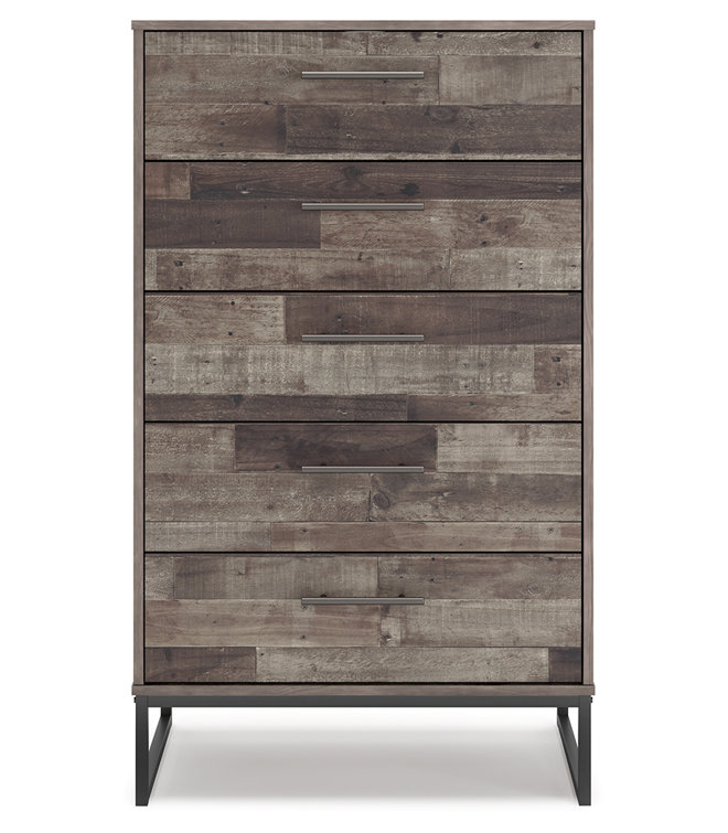 Transitional Neilsville 5-Drawer Chest in Beige/Black with Rustic Finish