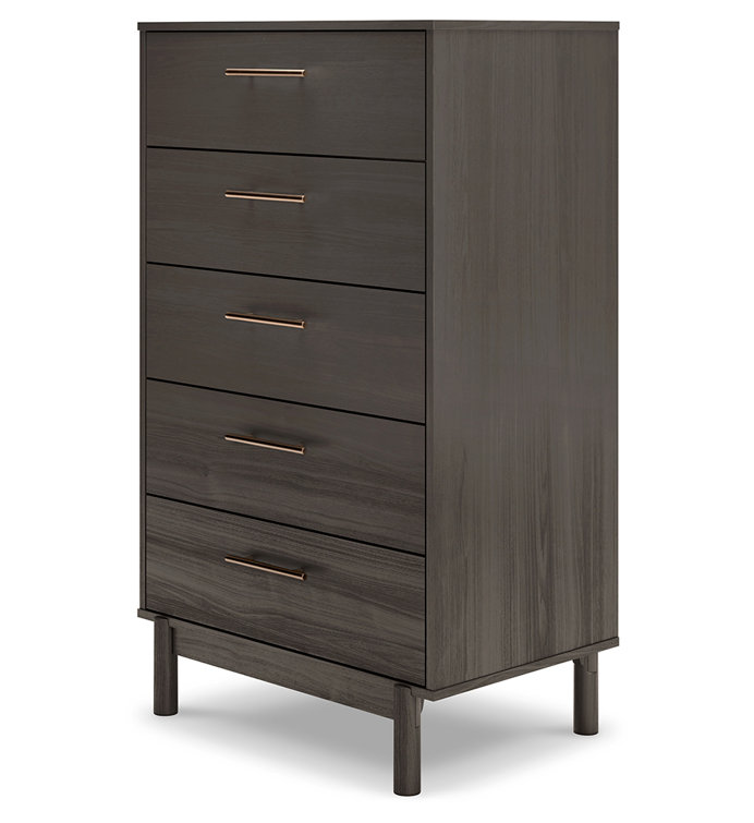 Gray 5-Drawer Mid-Century Modern Chest with Gold Handles
