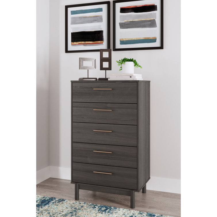 Gray 5-Drawer Mid-Century Modern Chest with Gold Handles