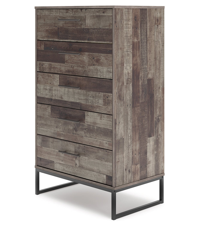 Transitional Neilsville 5-Drawer Chest in Beige/Black with Rustic Finish