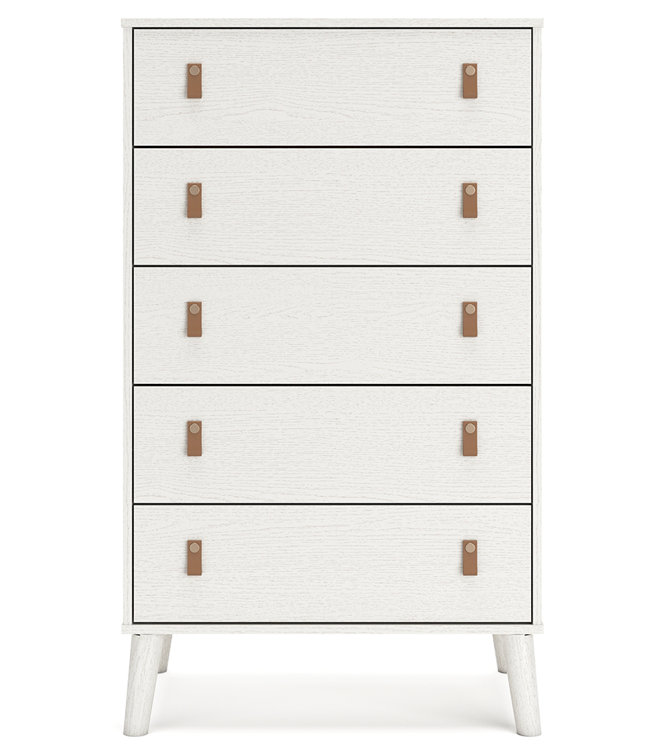 Aprilyn White 5-Drawer Chest with Faux Leather Handles