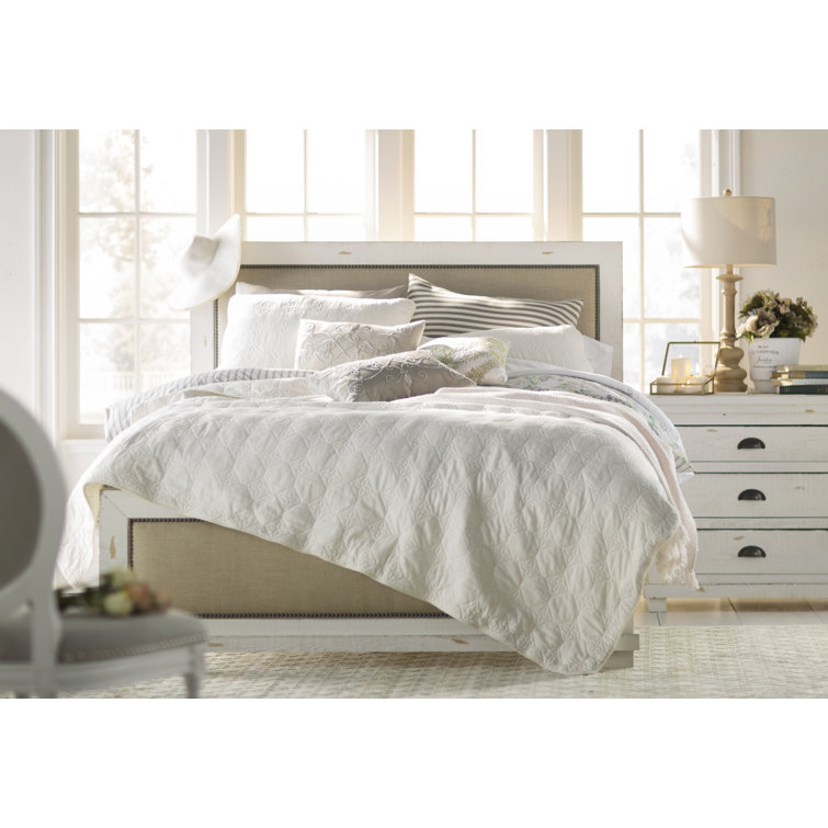 Rustic Linen-Trim King Upholstered Bed with Nailhead Detail in Beige