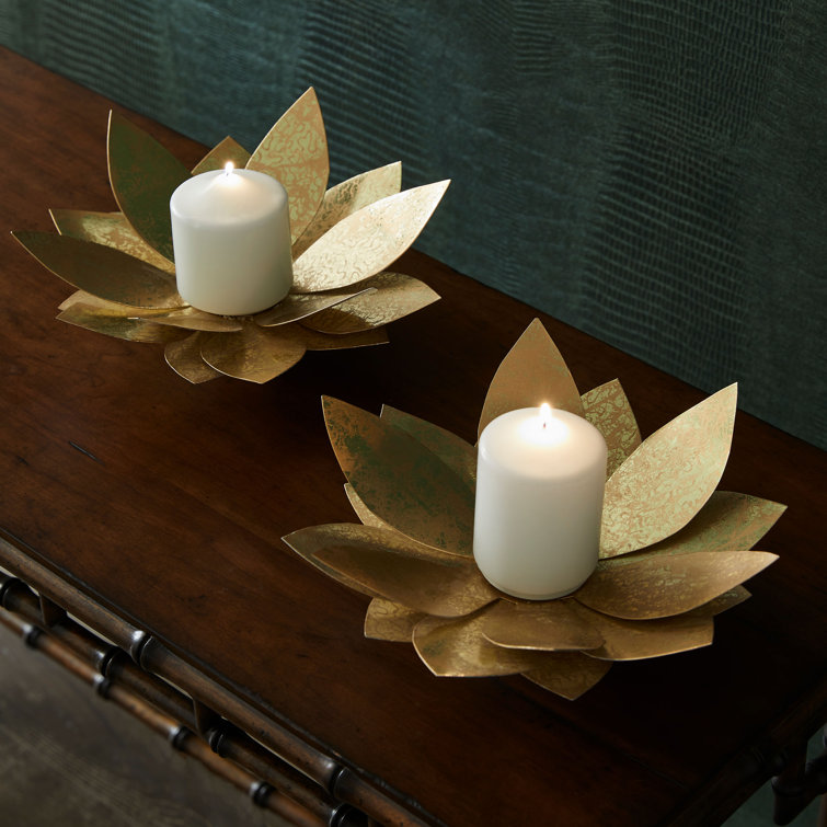 White and Gold Lotus Steel Candle Holders, Set of 2