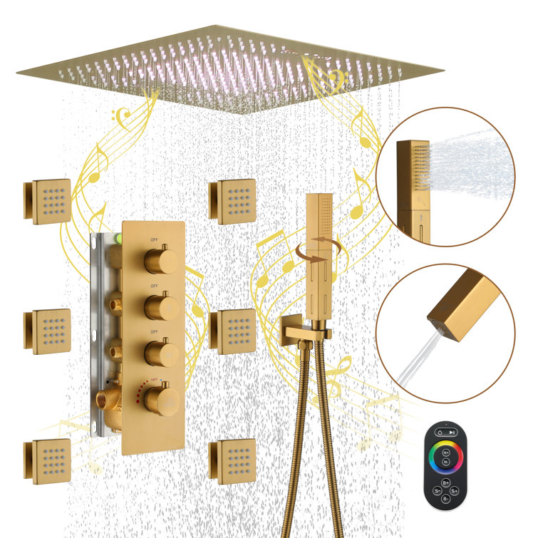 Brushed Gold Large LED Rainfall Shower System with Handheld and Music