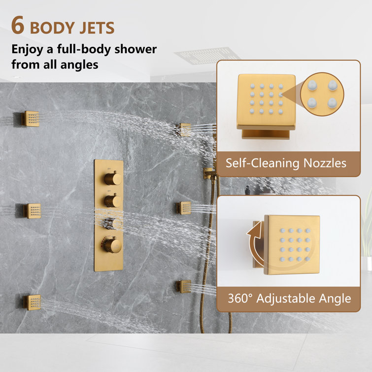 Brushed Gold Large LED Rainfall Shower System with Handheld and Music