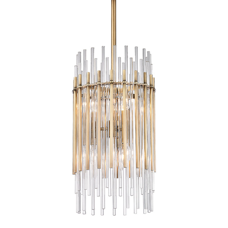 Aged Brass 6-Light Drum Island Pendant with Clear Glass Shade