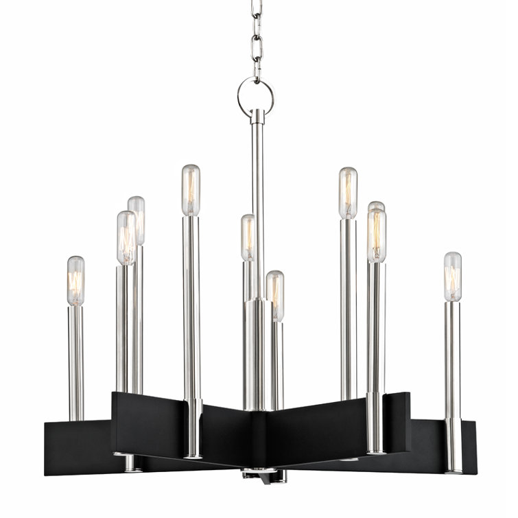 Polished Nickel and Black 10-Light Minimalist Chandelier
