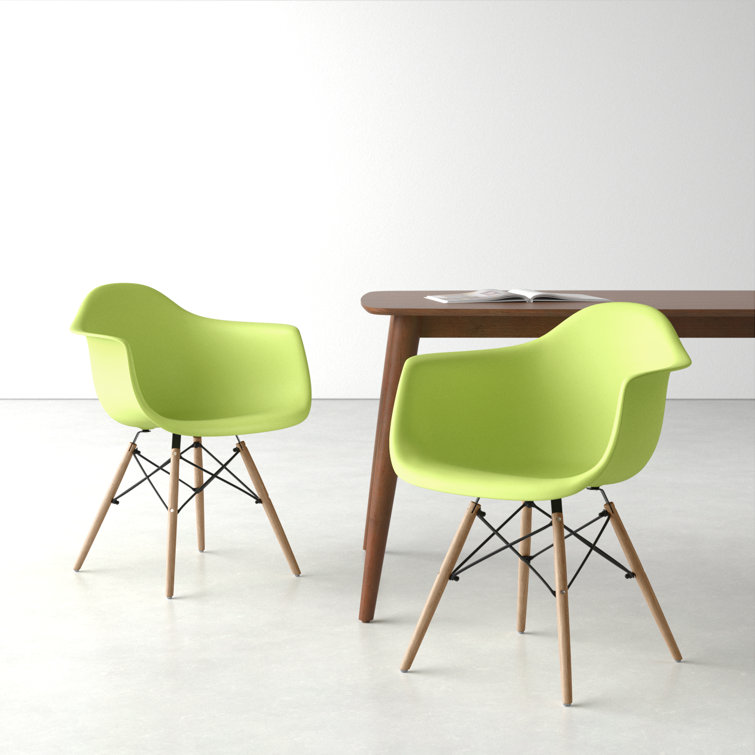 Green Molded Plastic Arm Chairs with Natural Wood Legs, Set of 2