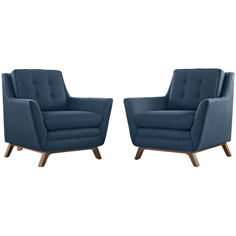 Azure Upholstered Fabric Mid-Century Modern Armchair Set with Walnut Base