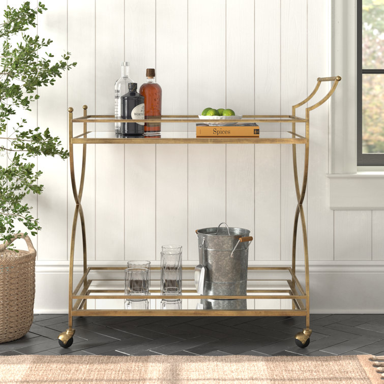 Antique Gold Metal and Glass Bar Cart with Storage