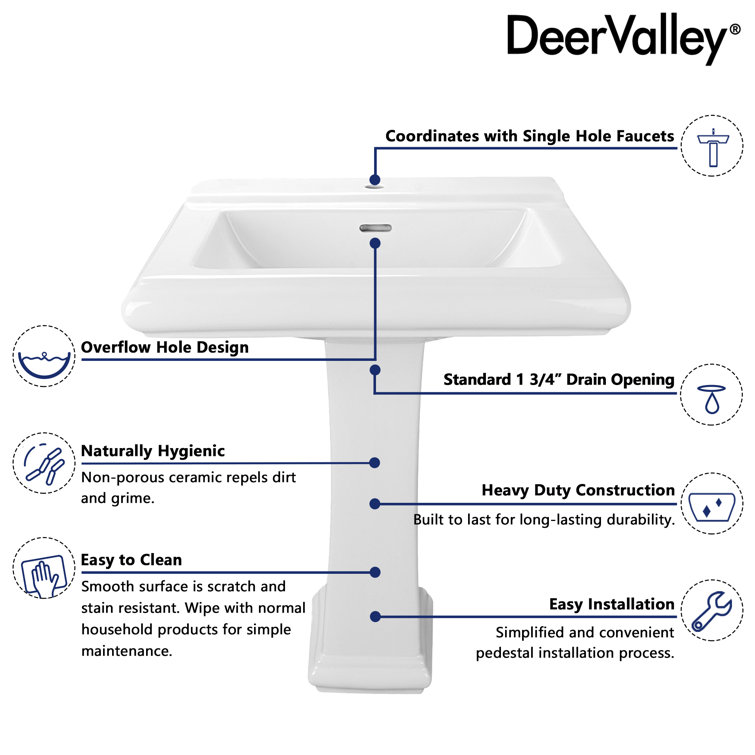 Apex 26" White Ceramic Rectangular Pedestal Bathroom Sink