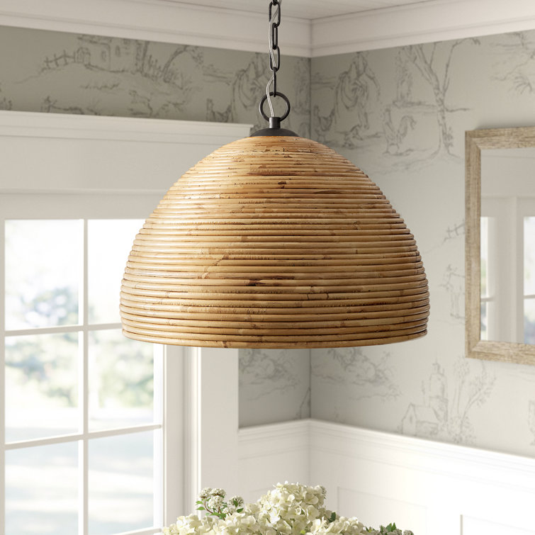 Woodleigh 20'' Brown Rattan and Bronze Dome Pendant Light