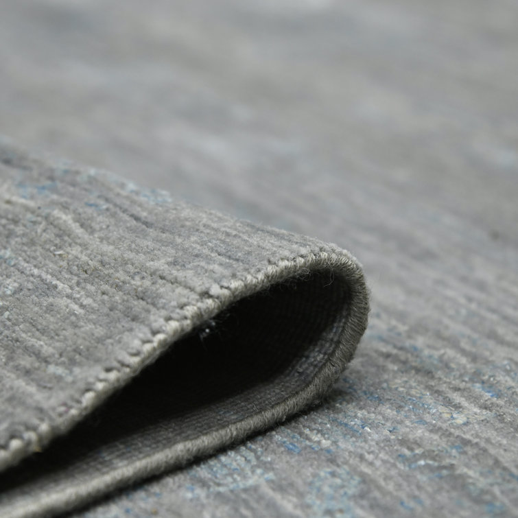 Pearl Hand-Knotted Dark Gray and Blue Wool Silk Rug