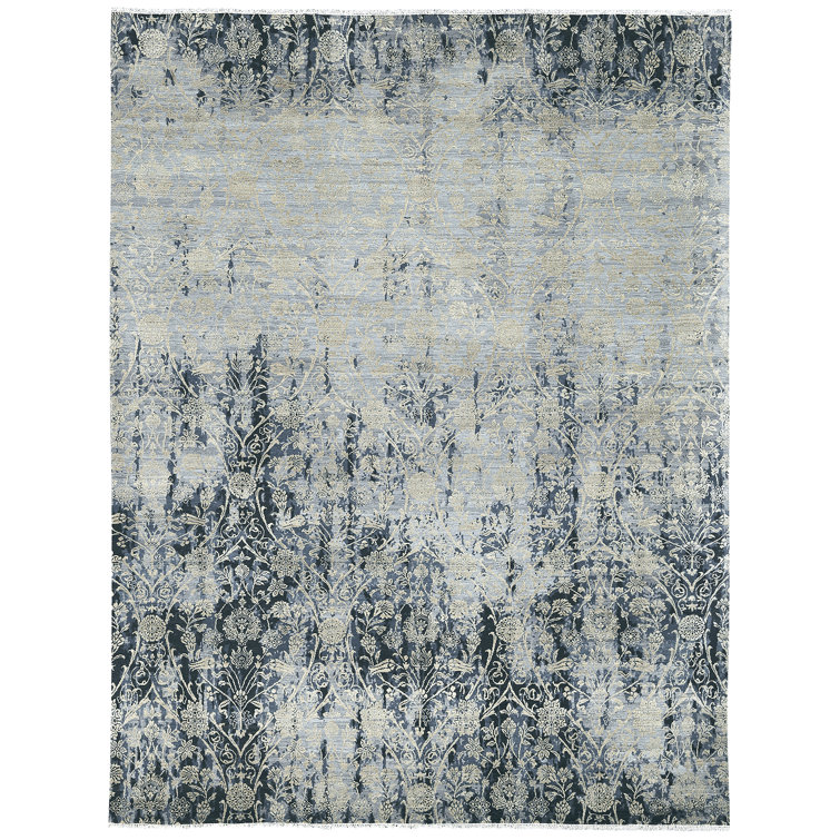 Pearl Hand-Knotted Blue Wool and Silk Area Rug
