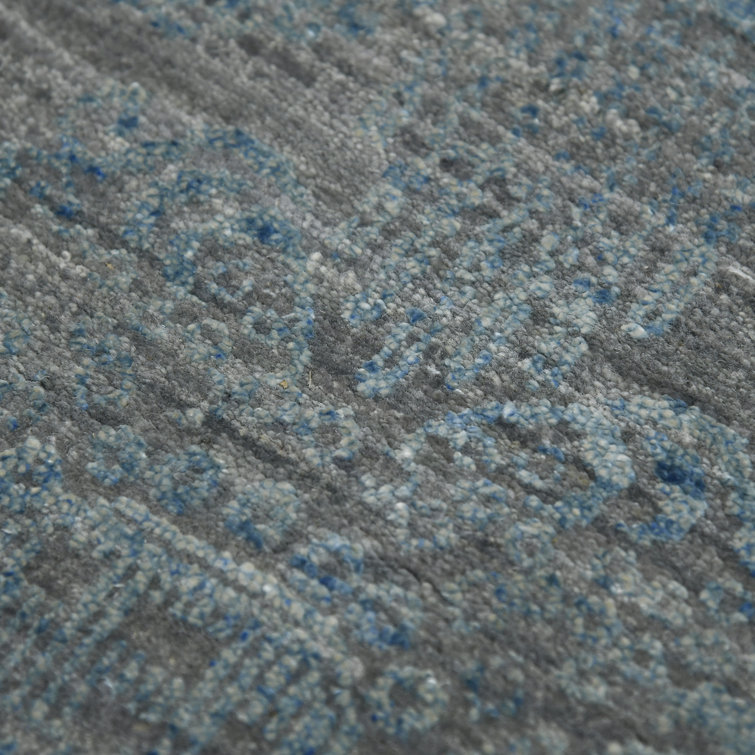 Pearl Hand-Knotted Dark Gray and Blue Wool Silk Rug