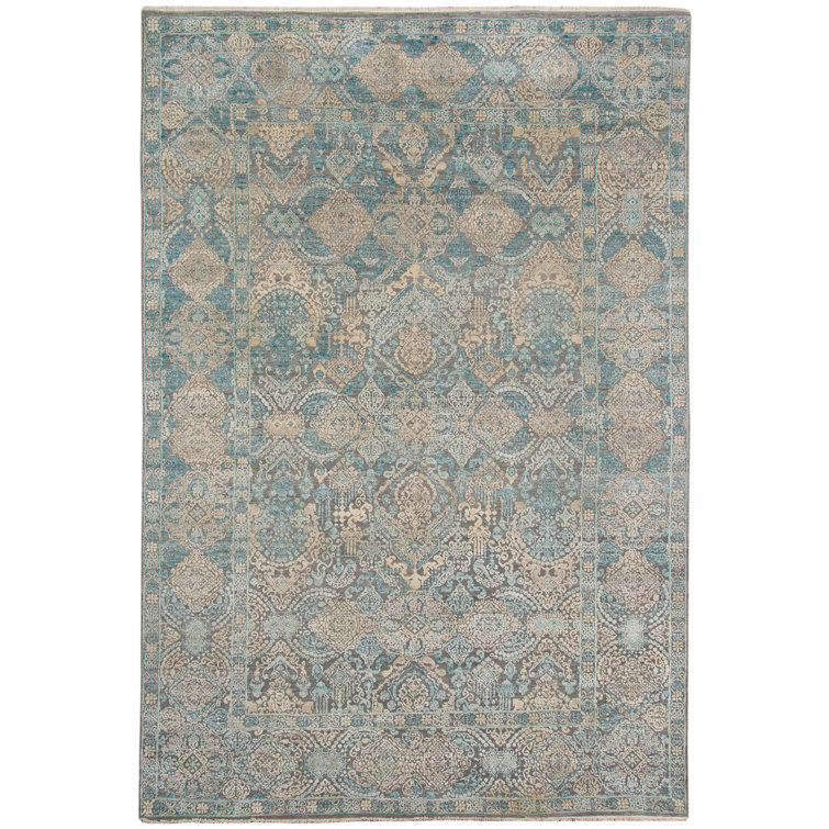 Hand-Knotted Blue and Gray Wool Silk Rug with Tassels