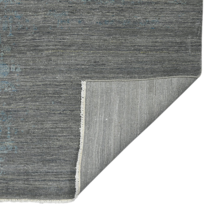 Pearl Hand-Knotted Dark Gray and Blue Wool Silk Rug