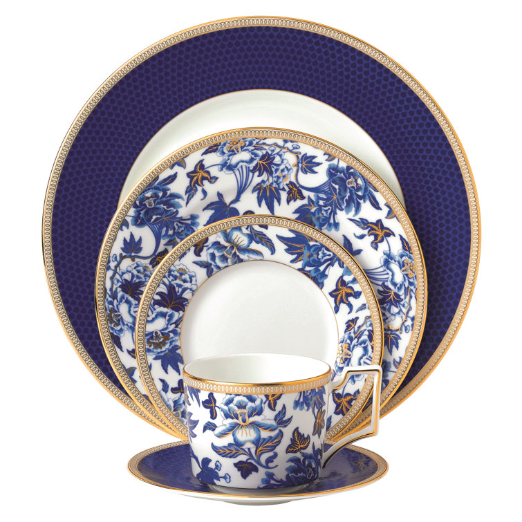 Hibiscus Blue and Gold 5 Piece Porcelain Place Setting