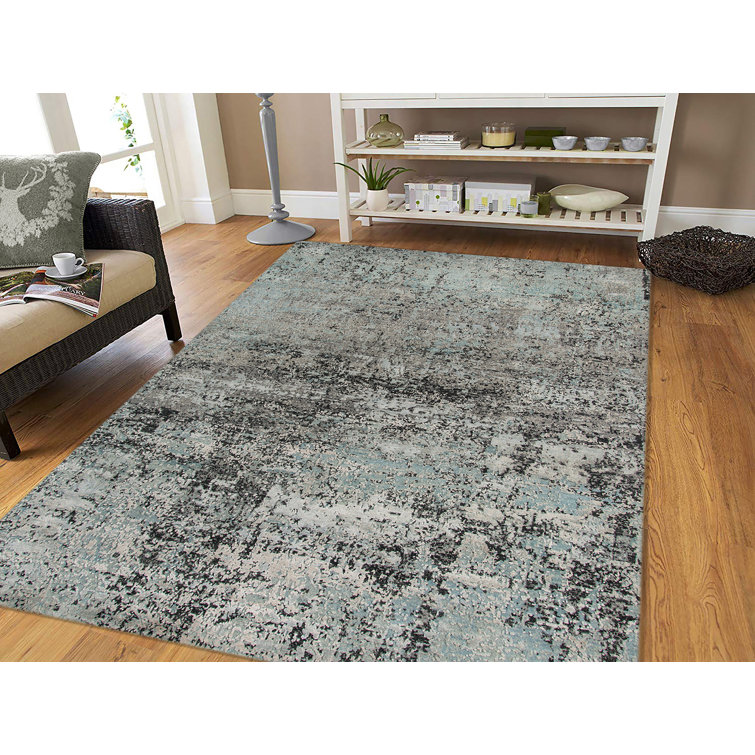 Hand-Knotted Blue Abstract Wool and Silk 10' x 14' Rug