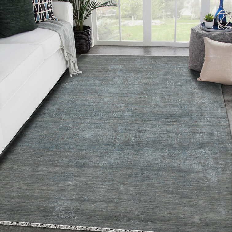 Pearl Hand-Knotted Dark Gray and Blue Wool Silk Rug