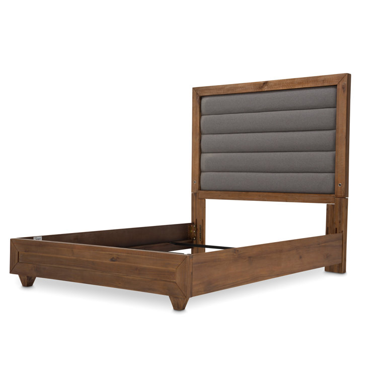 King Gray Upholstered Panel Bed with Acacia Wood Frame