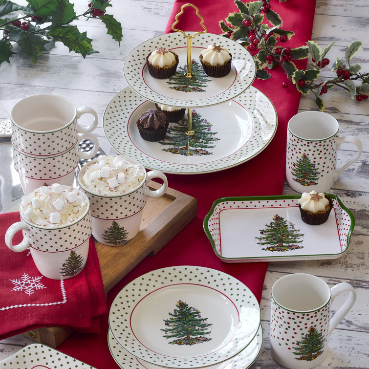 Festive White Ceramic Christmas Tree Stackable Mugs, Set of 4