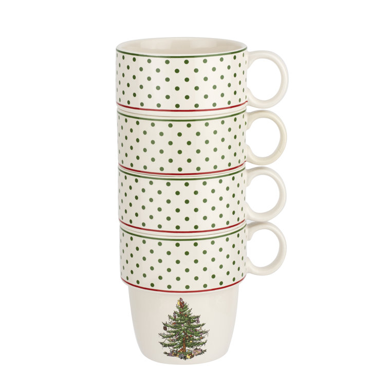 Festive White Ceramic Christmas Tree Stackable Mugs, Set of 4