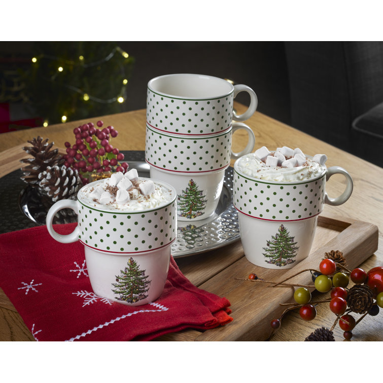 Festive White Ceramic Christmas Tree Stackable Mugs, Set of 4
