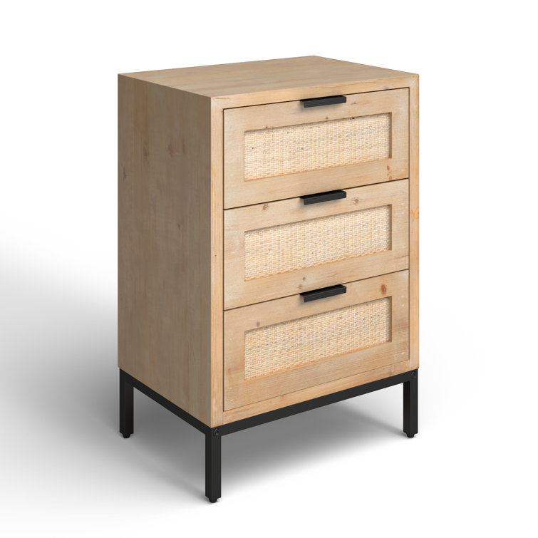 Coastal Charm 3-Drawer Wood & Iron Side Table with Rattan Accents