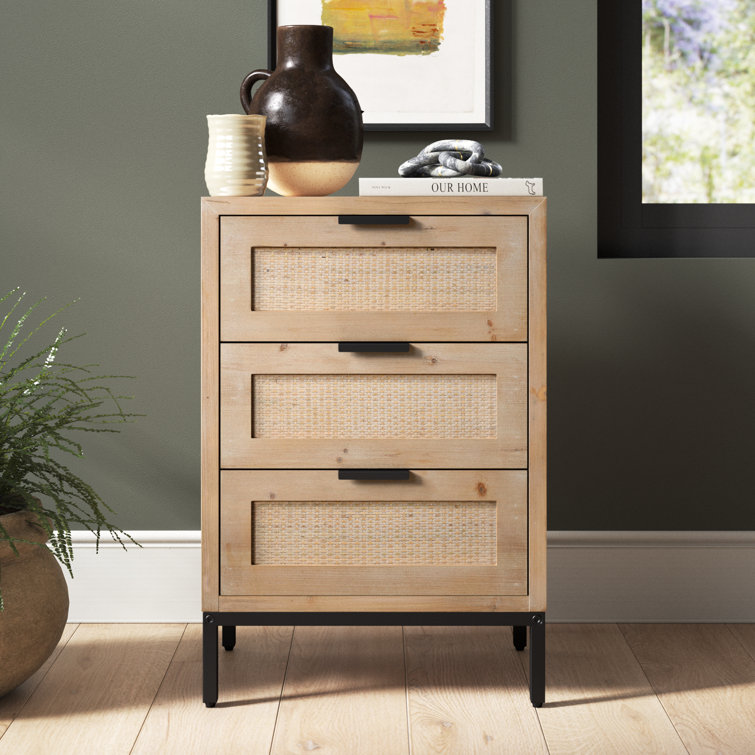 Coastal Charm 3-Drawer Wood & Iron Side Table with Rattan Accents
