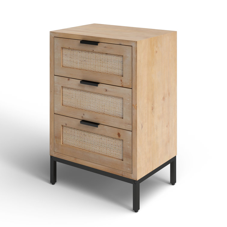 Coastal Charm 3-Drawer Wood & Iron Side Table with Rattan Accents