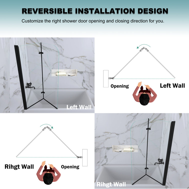 Matte Black Frameless Pivot Tub Door with Clear Tempered Glass