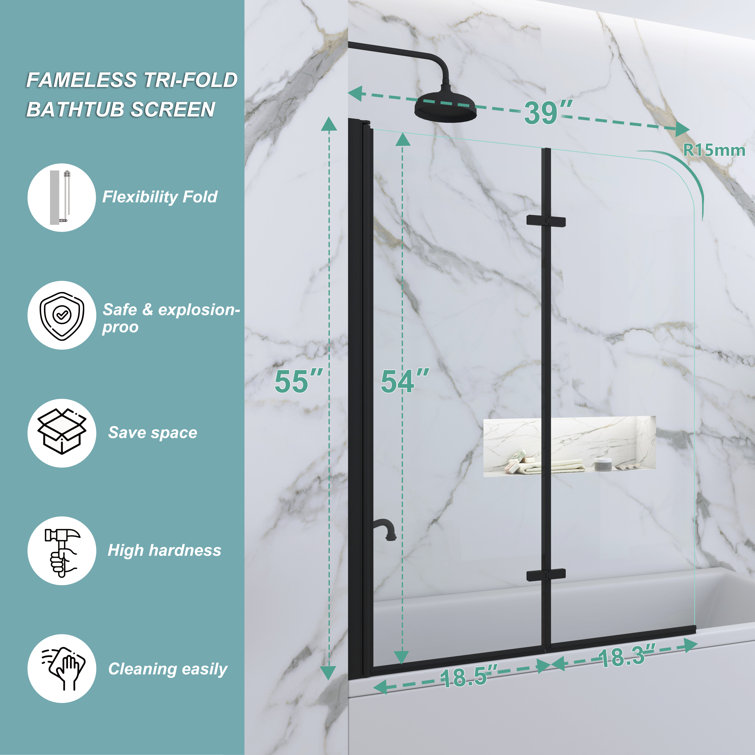 Matte Black Frameless Pivot Tub Door with Clear Tempered Glass
