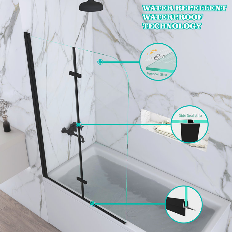 Matte Black Frameless Pivot Tub Door with Clear Tempered Glass