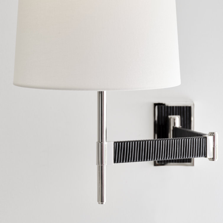 Elle Polished Nickel & Black Rattan 17'' Swing Arm Sconce with Linen Shade