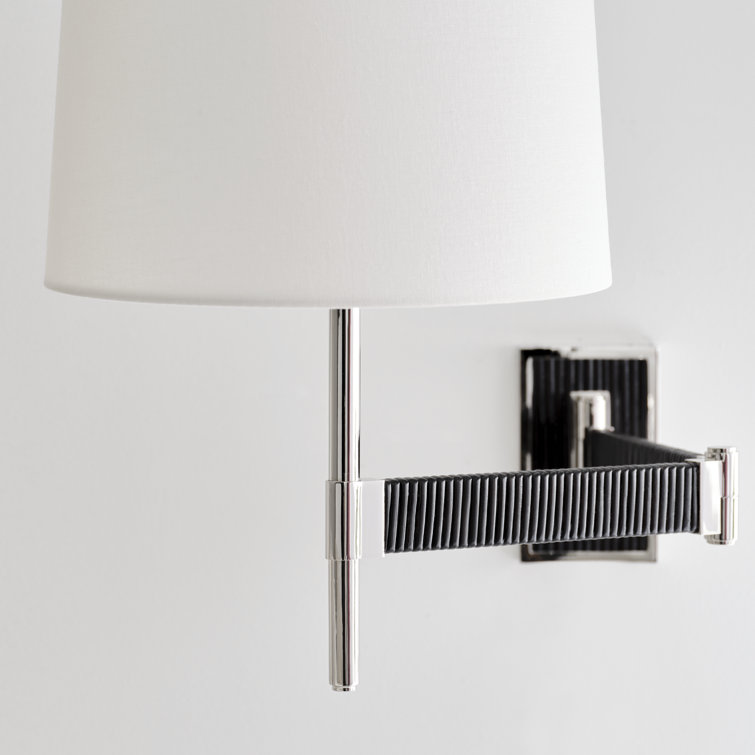 Elle Polished Nickel & Black Rattan 17'' Swing Arm Sconce with Linen Shade