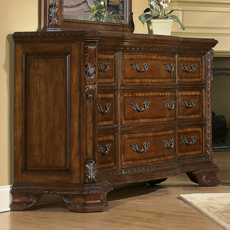 Old World Sunburst 73'' Traditional Brown Wood Dresser with 9 Drawers