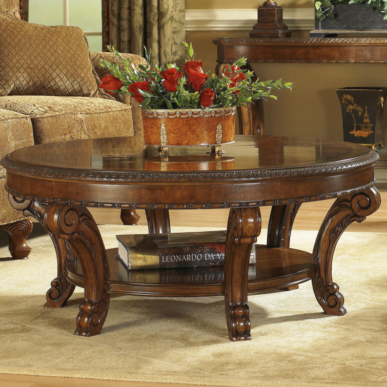 Traditional Brown Round Wood Cocktail Table with Shelf