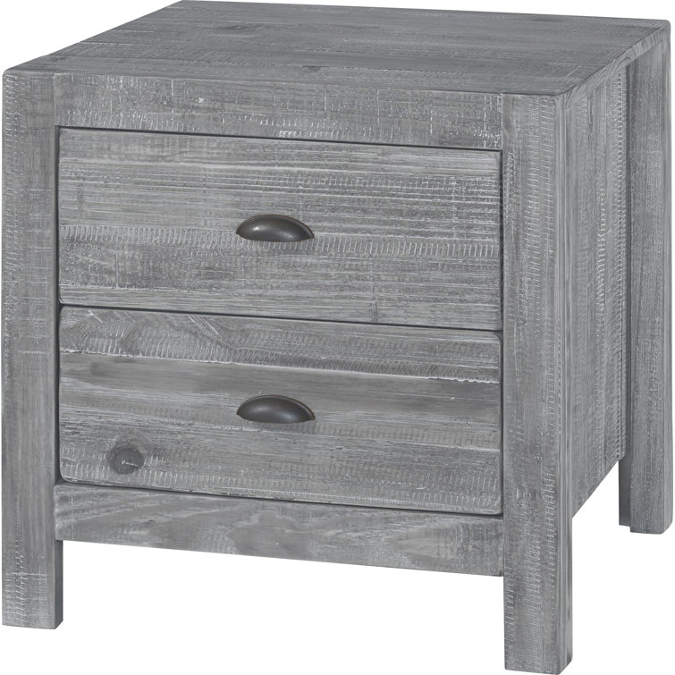 Rustic Grey Pine Wood 2-Drawer Nightstand with Black Metal Handles