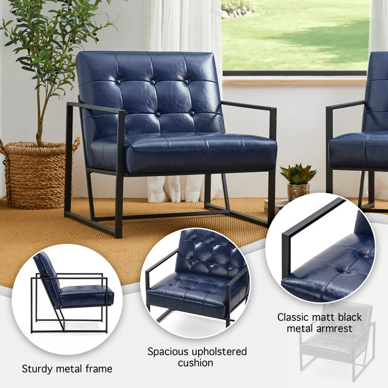Navy Faux Leather Accent Chair with Metal Frame