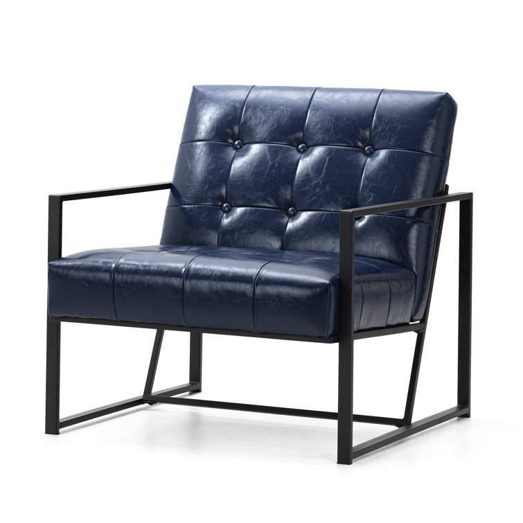 Navy Faux Leather Accent Chair with Metal Frame